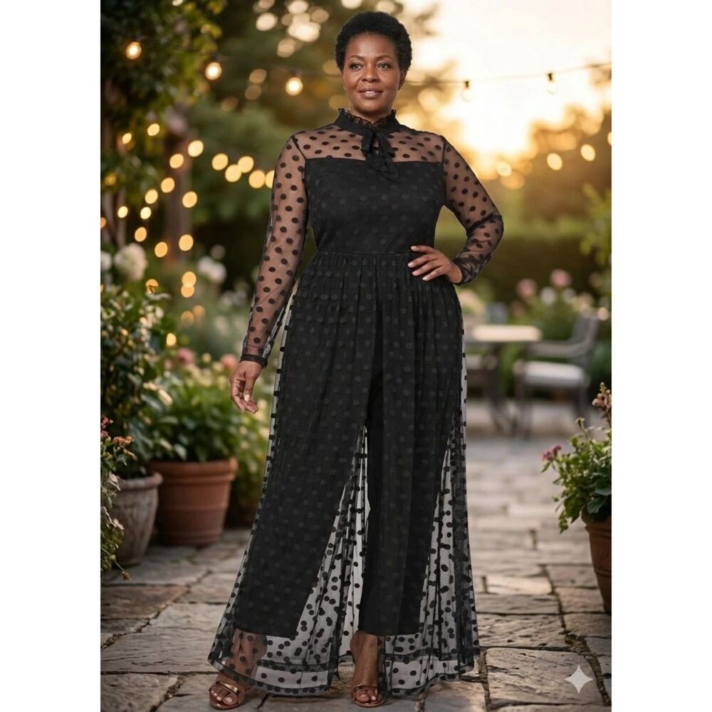 SHEIN CURVE Black Mesh Sleeve Jumpsuit Womens Plus 4X Sheer Overlay Skirt Event